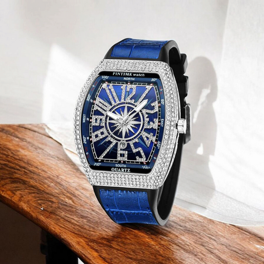PINTIME  Blue Luxury Men's Crystal Iced Out Diamond Watch